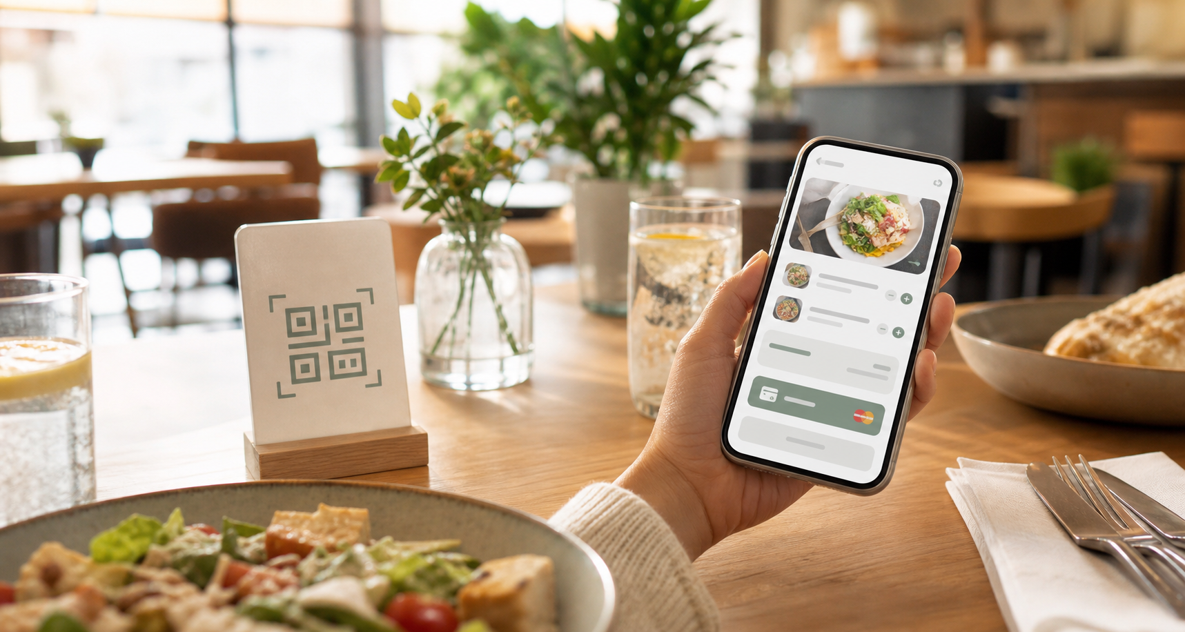 Mesa de restaurante con movil para pedir y pagar desde un QR